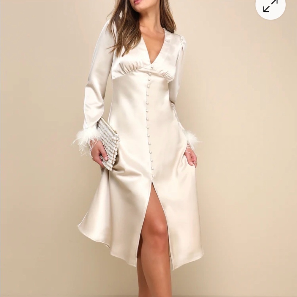 Lulu's Cream Satin Long Sleeve Dress "Precious Aura Champagne Satin Feather"